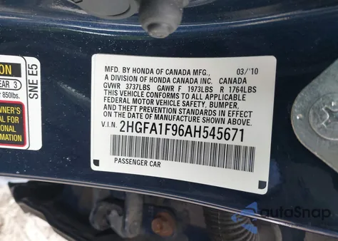 2010 Honda Civic Ex-L from USA, damaged, VIN 2HGFA1F96AH545671